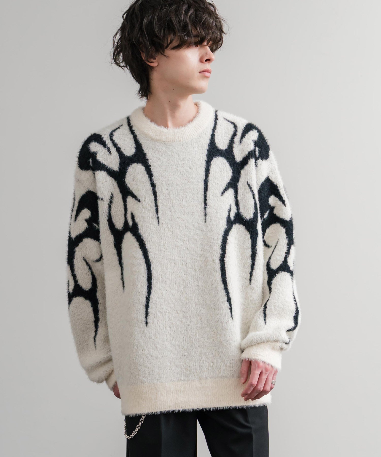 5Gフェザーヤーンジャガードトライバル柄ルーズクルーネック長袖ニット 15191
