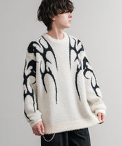 5Gフェザーヤーンジャガードトライバル柄ルーズクルーネック長袖ニット 15191