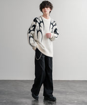 5Gフェザーヤーンジャガードトライバル柄ルーズクルーネック長袖ニット 15191