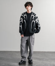 5Gフェザーヤーンジャガードトライバル柄ルーズクルーネック長袖ニット 15191