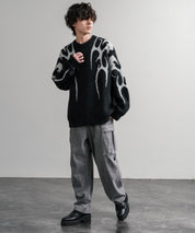 5Gフェザーヤーンジャガードトライバル柄ルーズクルーネック長袖ニット 15191