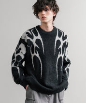 5Gフェザーヤーンジャガードトライバル柄ルーズクルーネック長袖ニット 15191