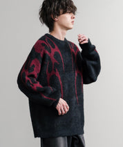 5Gフェザーヤーンジャガードトライバル柄ルーズクルーネック長袖ニット 15191