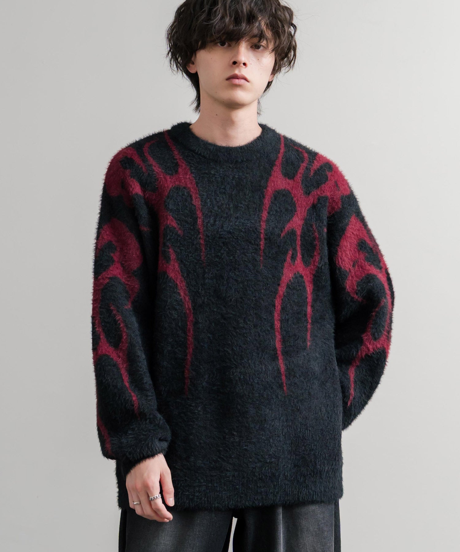 5Gフェザーヤーンジャガードトライバル柄ルーズクルーネック長袖ニット 15191