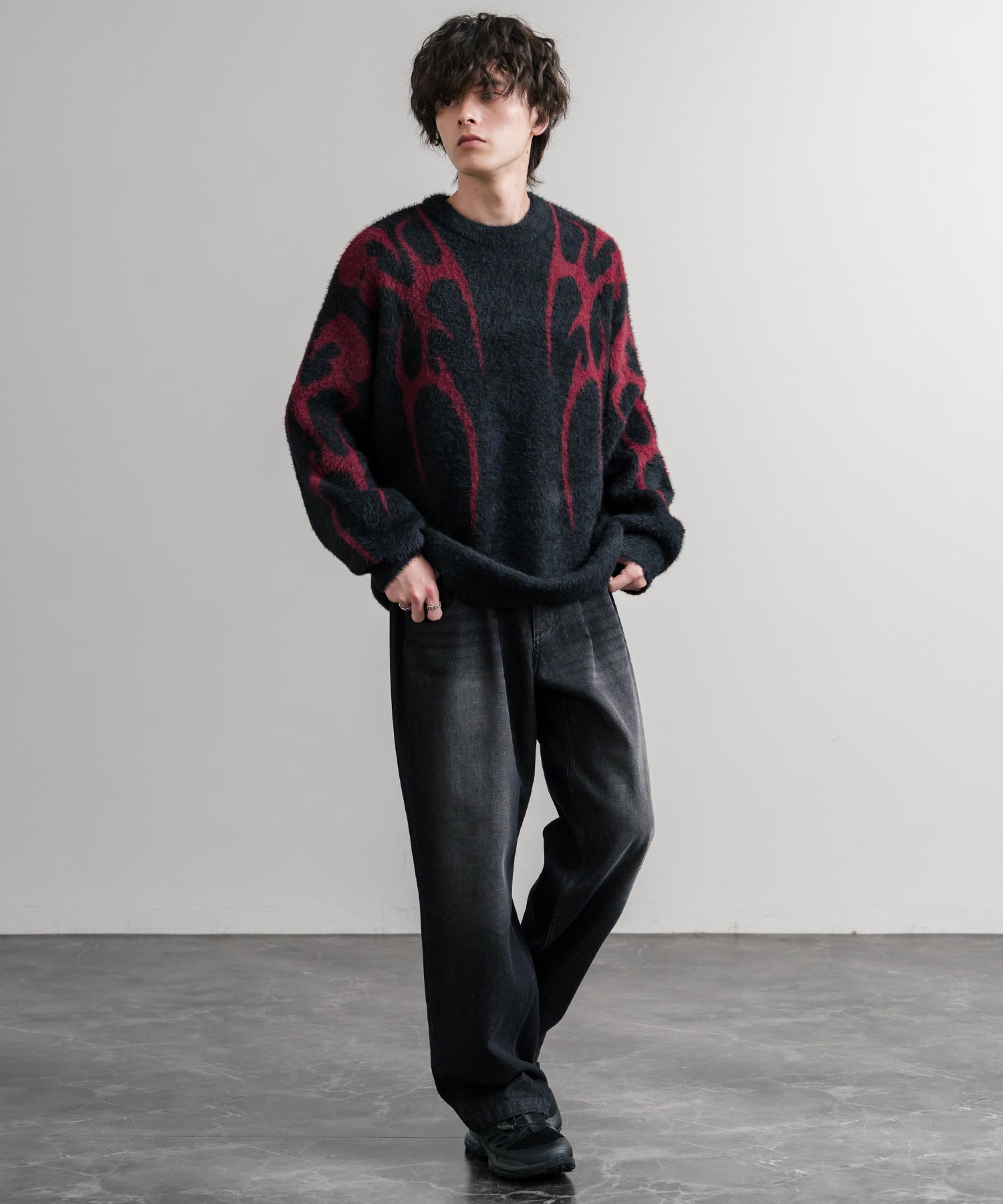 5Gフェザーヤーンジャガードトライバル柄ルーズクルーネック長袖ニット 15191