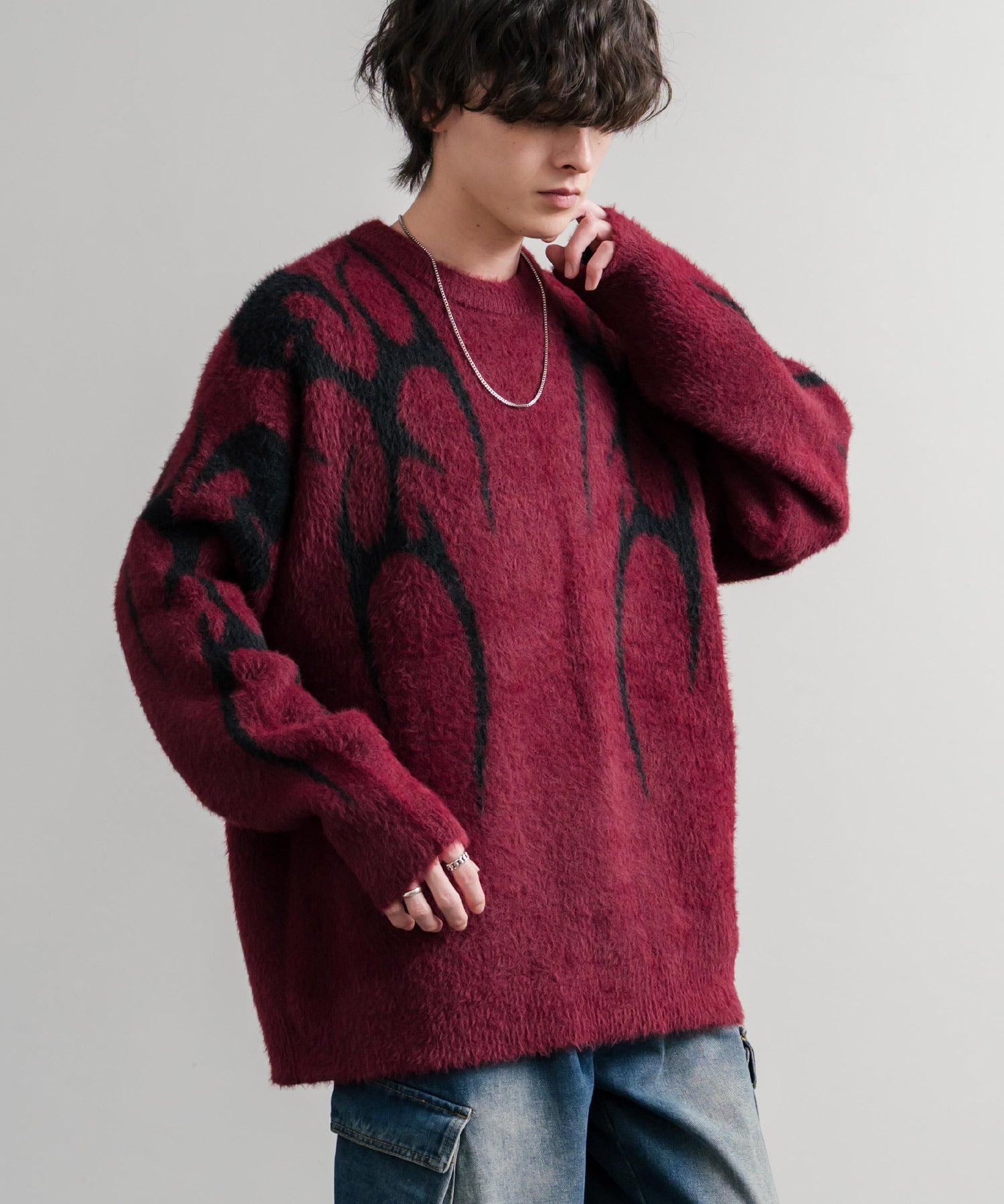 5Gフェザーヤーンジャガードトライバル柄ルーズクルーネック長袖ニット 15191