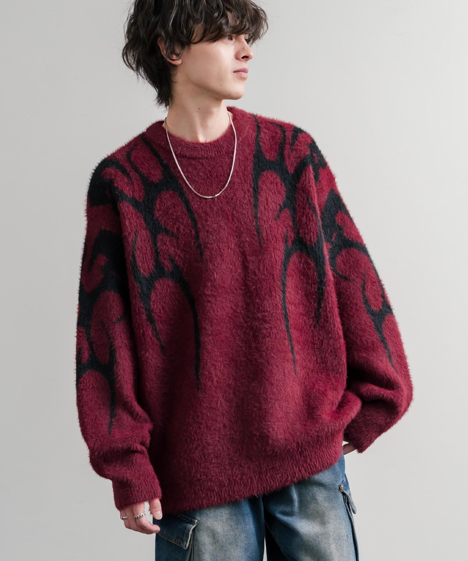 5Gフェザーヤーンジャガードトライバル柄ルーズクルーネック長袖ニット 15191