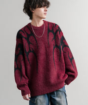 5Gフェザーヤーンジャガードトライバル柄ルーズクルーネック長袖ニット 15191