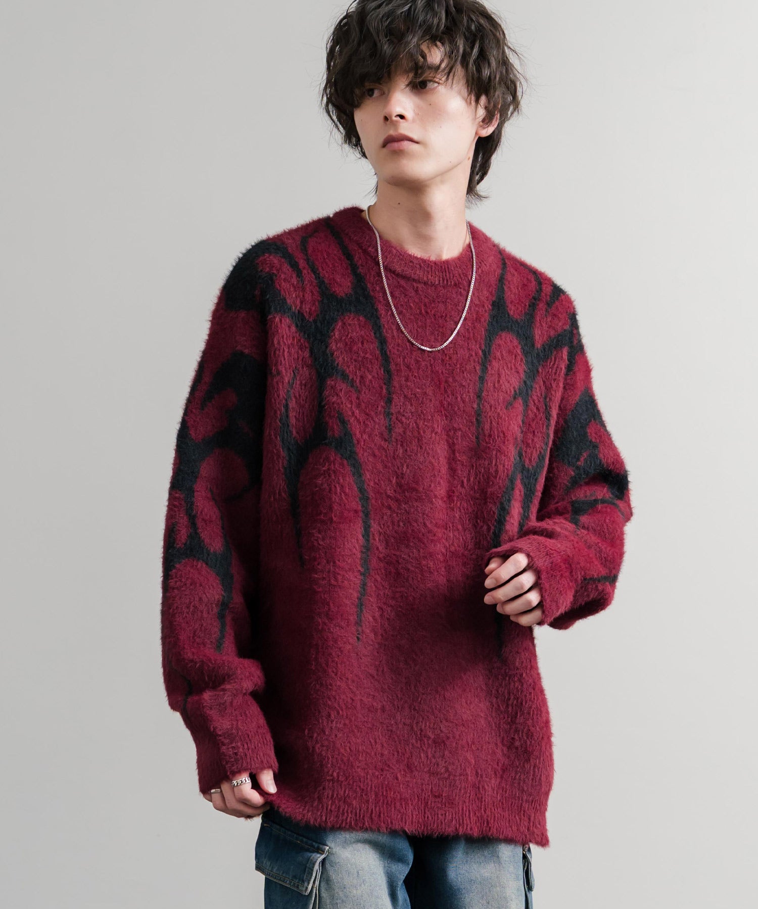 5Gフェザーヤーンジャガードトライバル柄ルーズクルーネック長袖ニット 15191