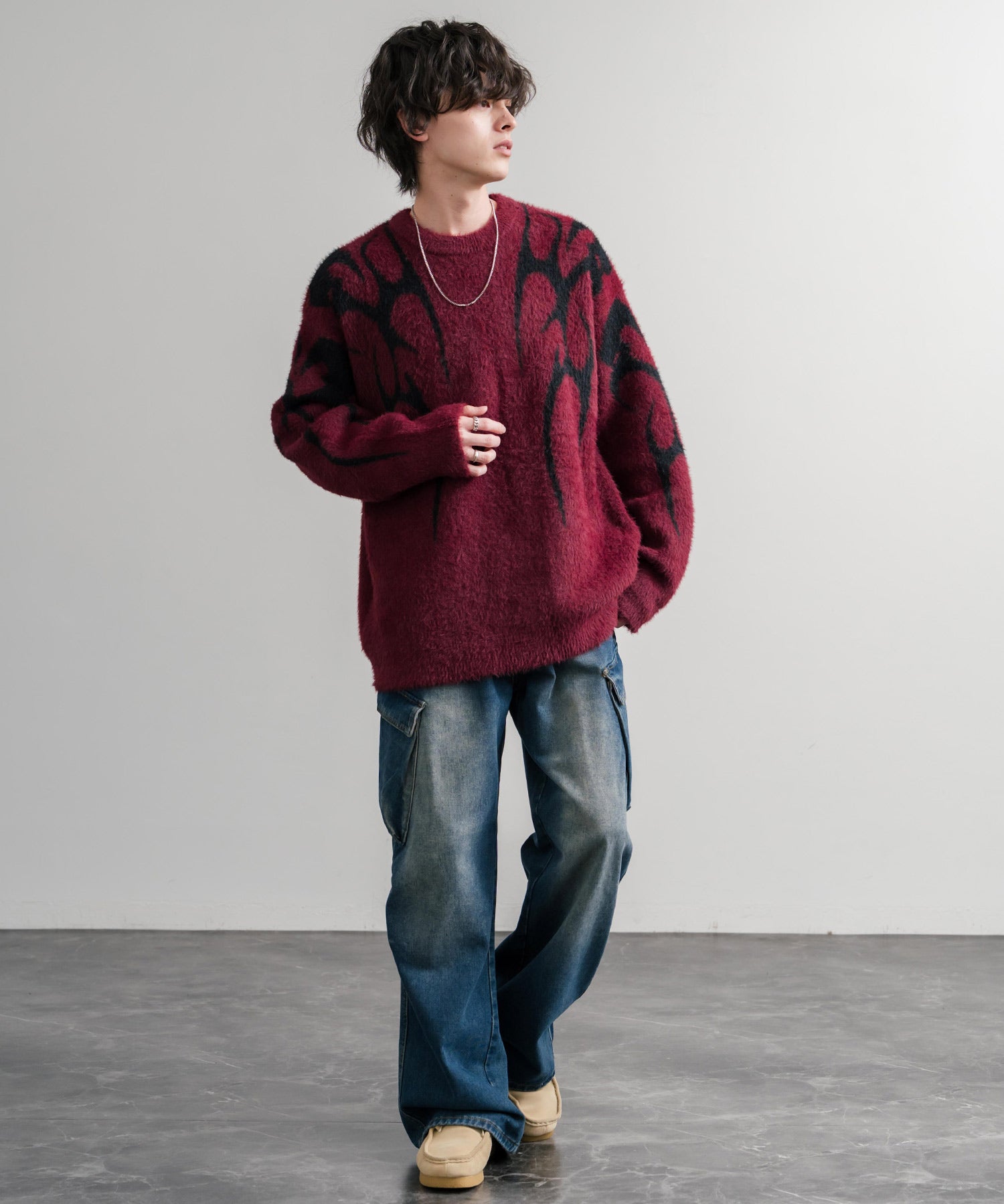 5Gフェザーヤーンジャガードトライバル柄ルーズクルーネック長袖ニット 15191