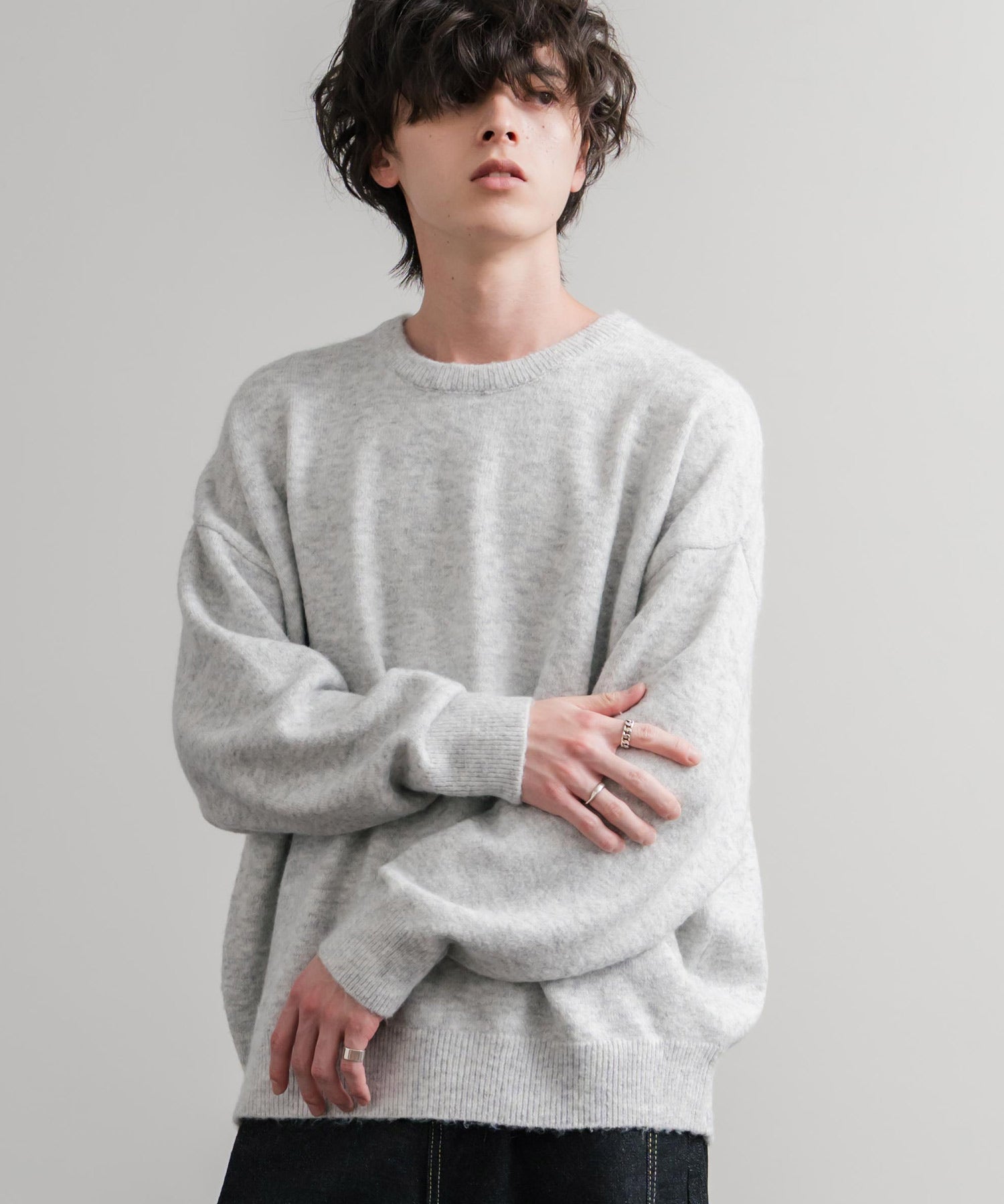 オーバーサイズ5Gウール混天竺ショート丈クルーネックニットセーター 15192