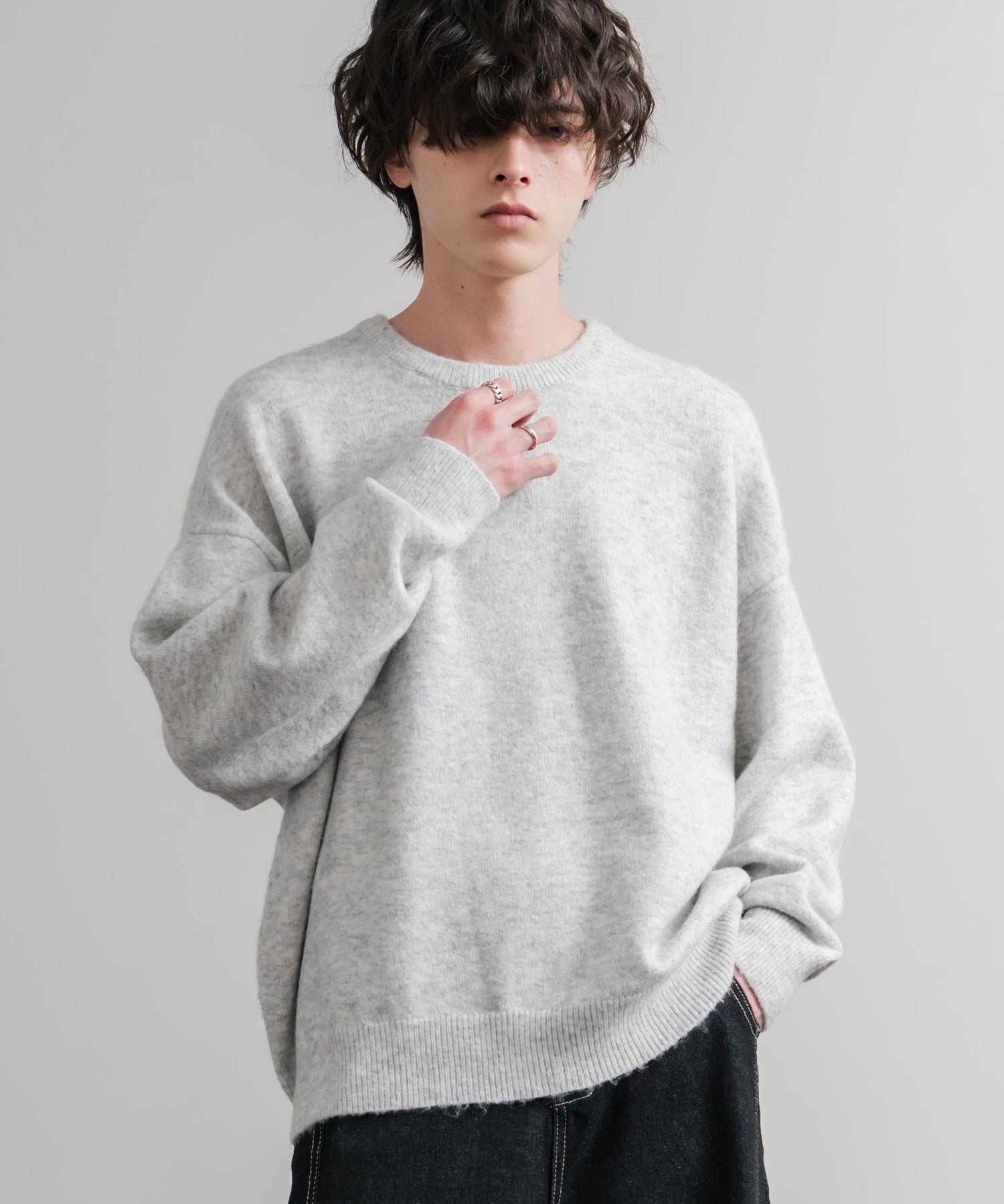 オーバーサイズ5Gウール混天竺ショート丈クルーネックニットセーター 15192