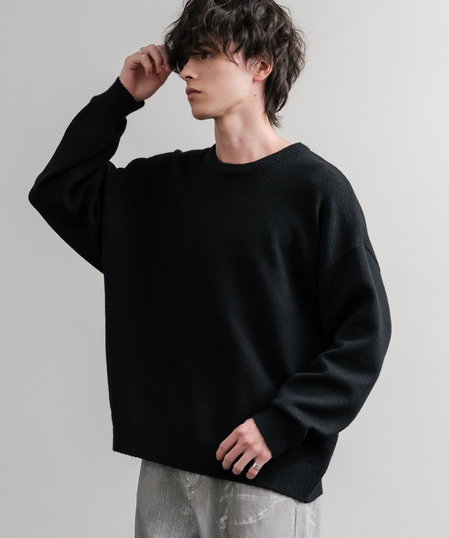 オーバーサイズ5Gウール混天竺ショート丈クルーネックニットセーター 15192