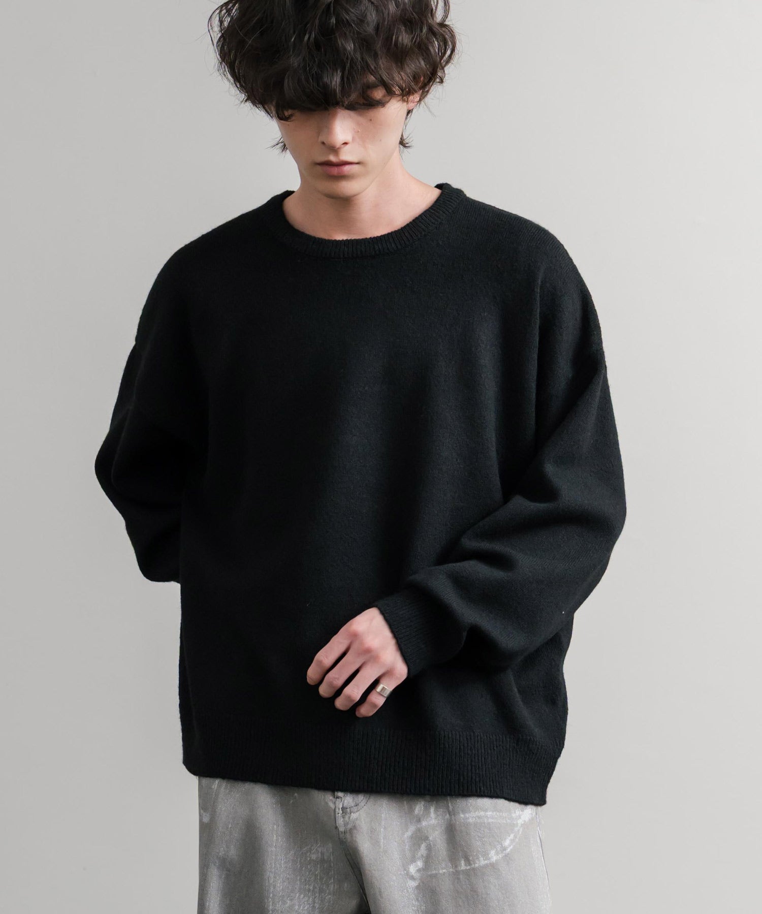 オーバーサイズ5Gウール混天竺ショート丈クルーネックニットセーター 15192