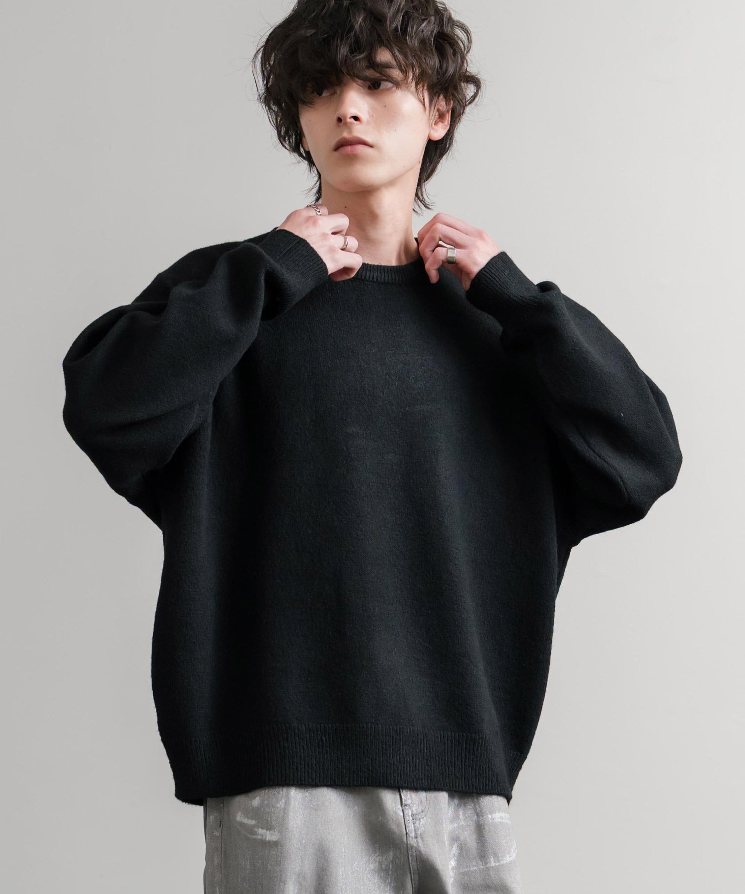 オーバーサイズ5Gウール混天竺ショート丈クルーネックニットセーター 15192