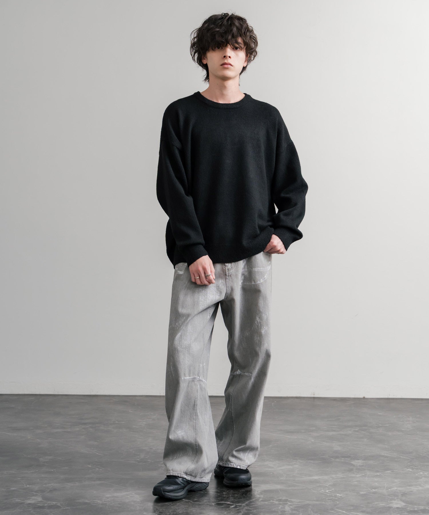 オーバーサイズ5Gウール混天竺ショート丈クルーネックニットセーター 15192