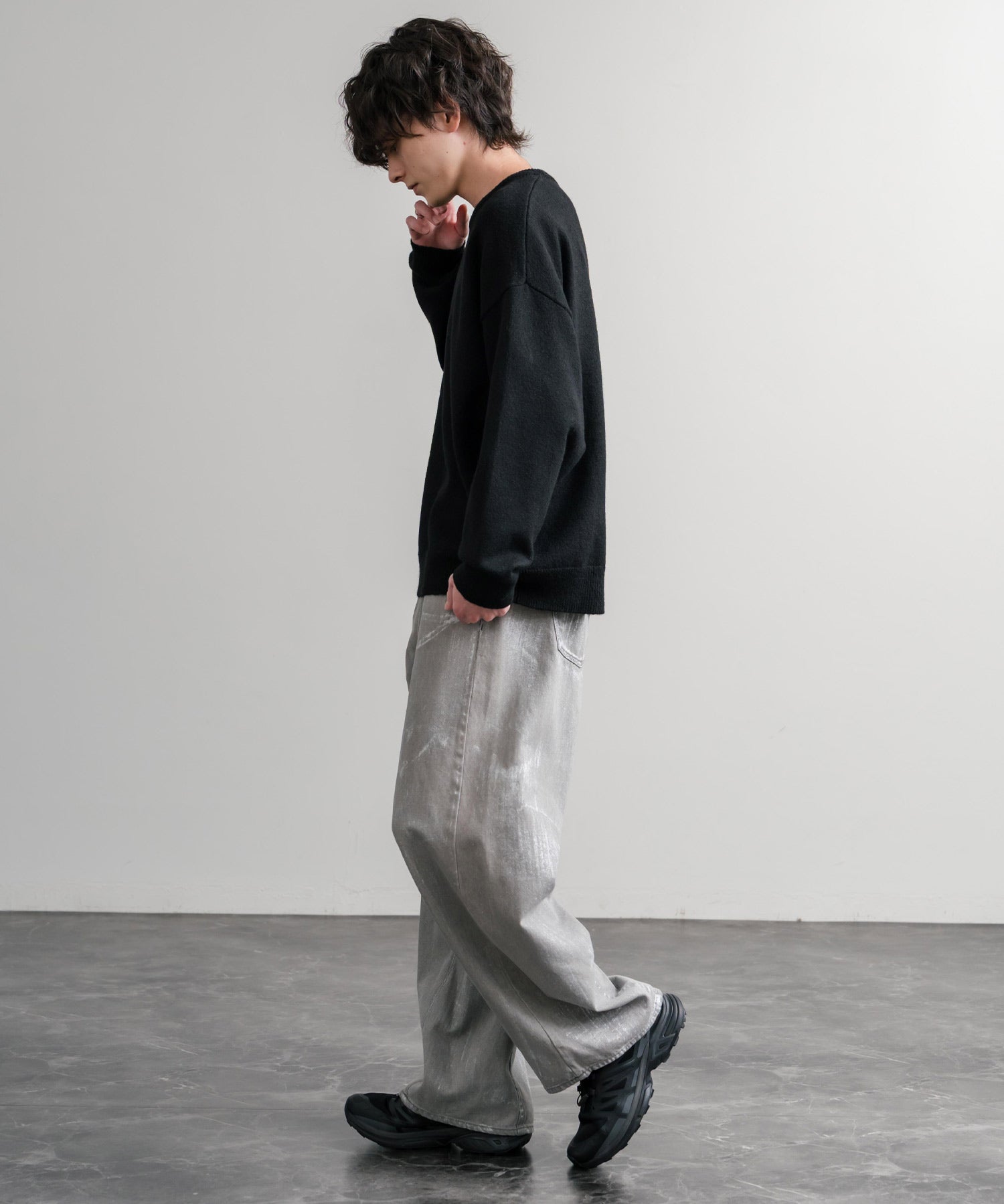 オーバーサイズ5Gウール混天竺ショート丈クルーネックニットセーター 15192