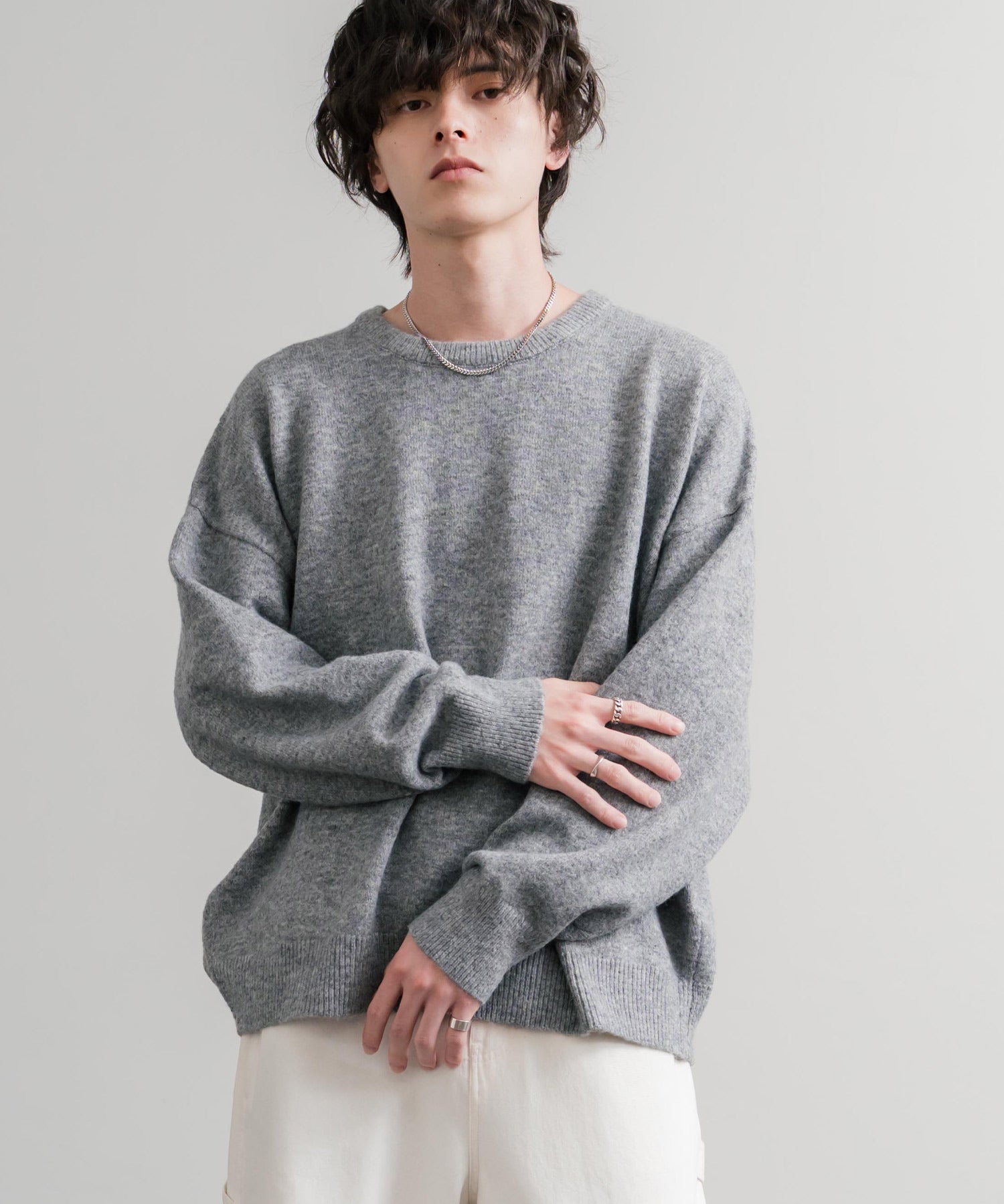 オーバーサイズ5Gウール混天竺ショート丈クルーネックニットセーター 15192