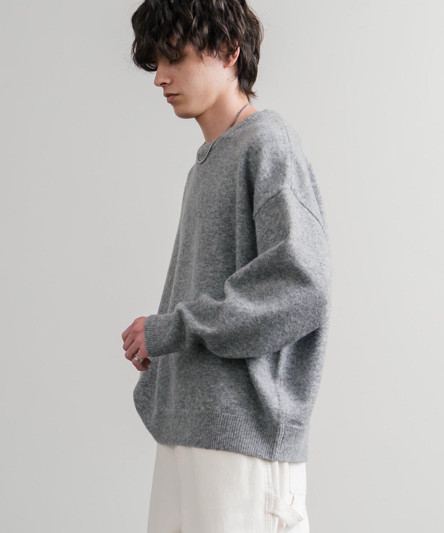 オーバーサイズ5Gウール混天竺ショート丈クルーネックニットセーター 15192