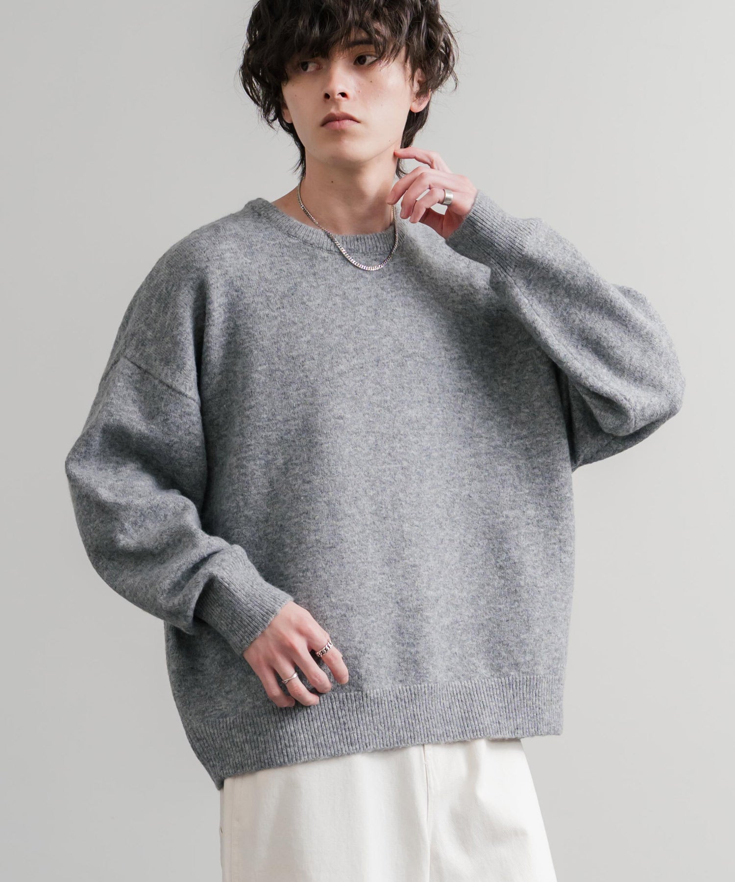 オーバーサイズ5Gウール混天竺ショート丈クルーネックニットセーター 15192