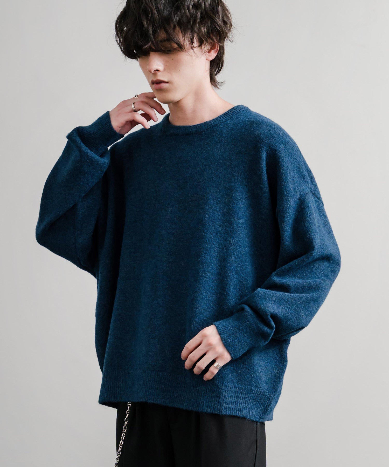 オーバーサイズ5Gウール混天竺ショート丈クルーネックニットセーター 15192