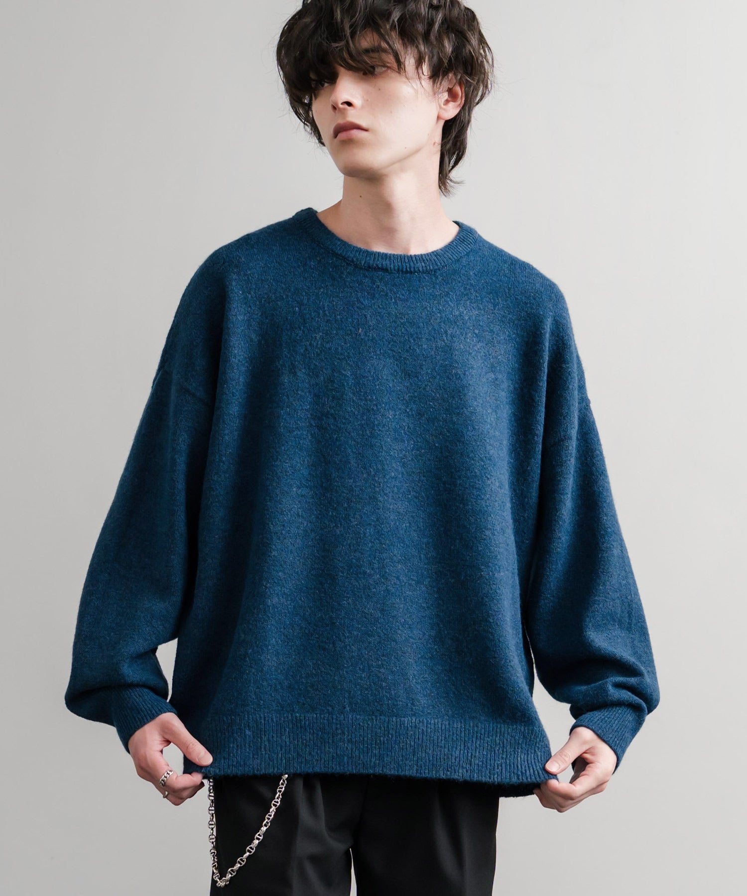 オーバーサイズ5Gウール混天竺ショート丈クルーネックニットセーター 15192