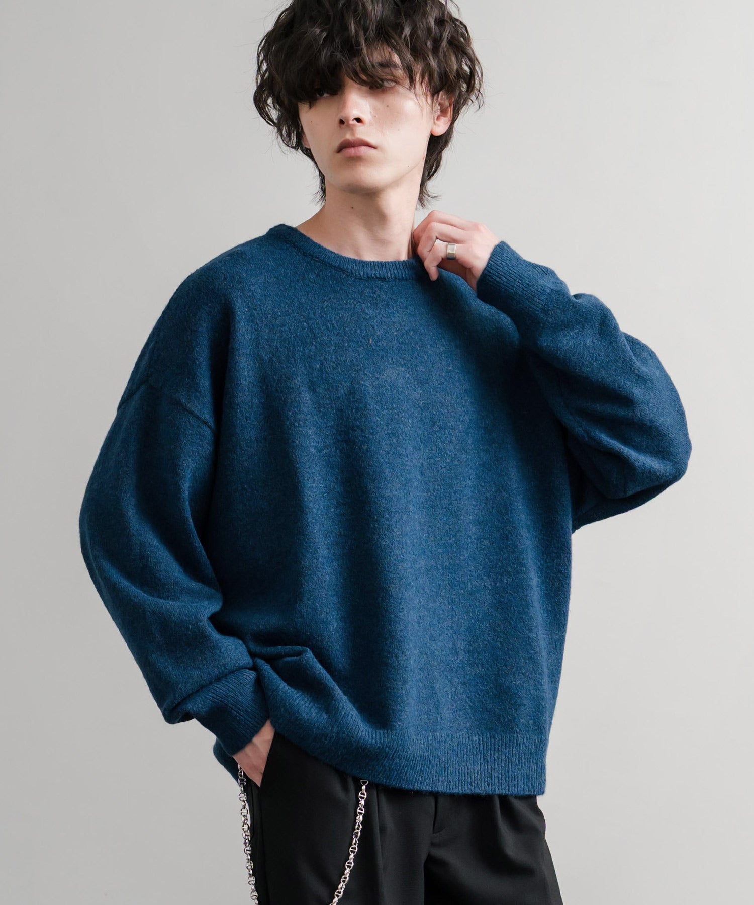 オーバーサイズ5Gウール混天竺ショート丈クルーネックニットセーター 15192