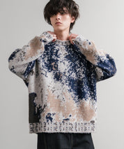 オーバーサイズ5Gジャガード編みアブストラクト柄クルーネックニットセーター 15193