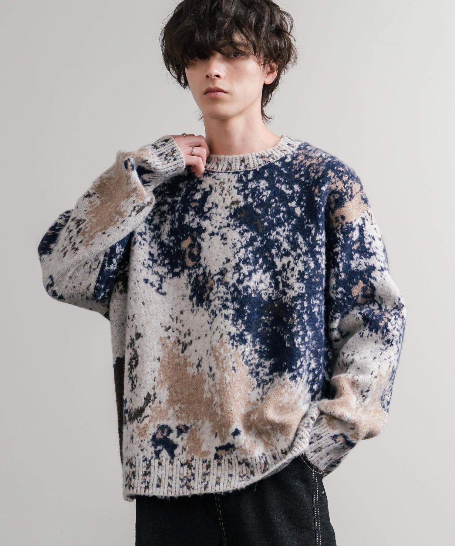 オーバーサイズ5Gジャガード編みアブストラクト柄クルーネックニットセーター 15193