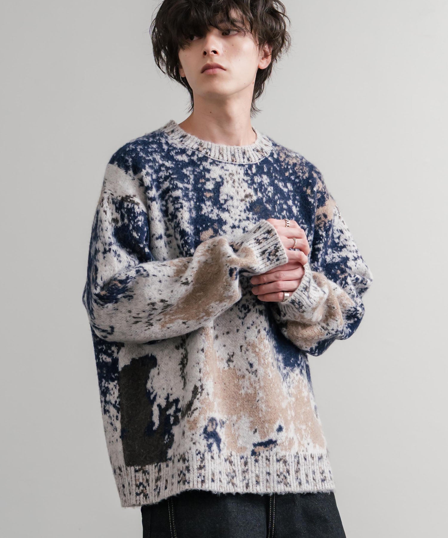 オーバーサイズ5Gジャガード編みアブストラクト柄クルーネックニットセーター 15193