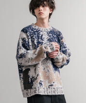 オーバーサイズ5Gジャガード編みアブストラクト柄クルーネックニットセーター 15193