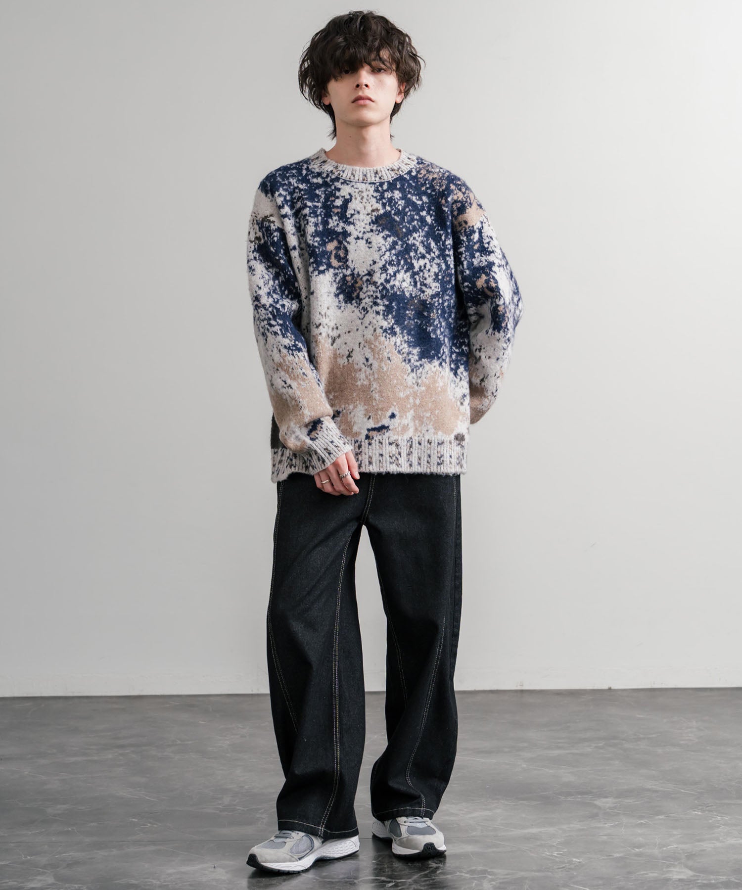 オーバーサイズ5Gジャガード編みアブストラクト柄クルーネックニットセーター 15193