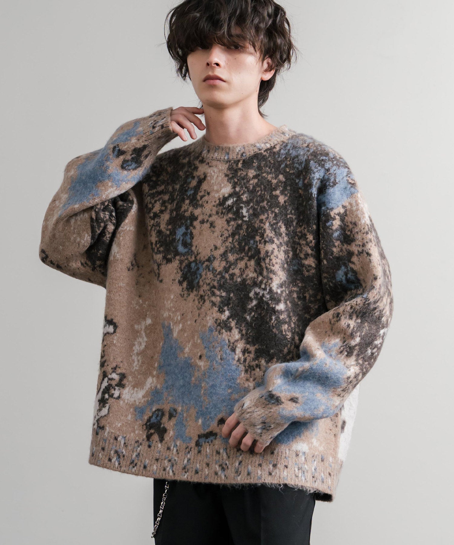 オーバーサイズ5Gジャガード編みアブストラクト柄クルーネックニットセーター 15193
