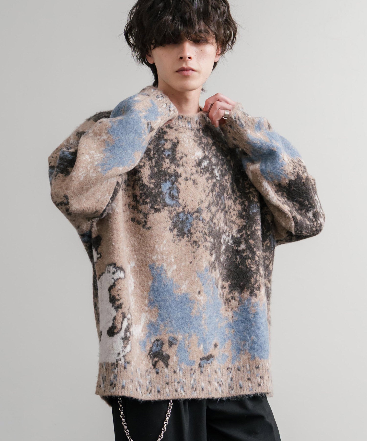 オーバーサイズ5Gジャガード編みアブストラクト柄クルーネックニットセーター 15193