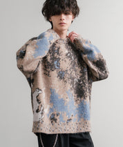 オーバーサイズ5Gジャガード編みアブストラクト柄クルーネックニットセーター 15193