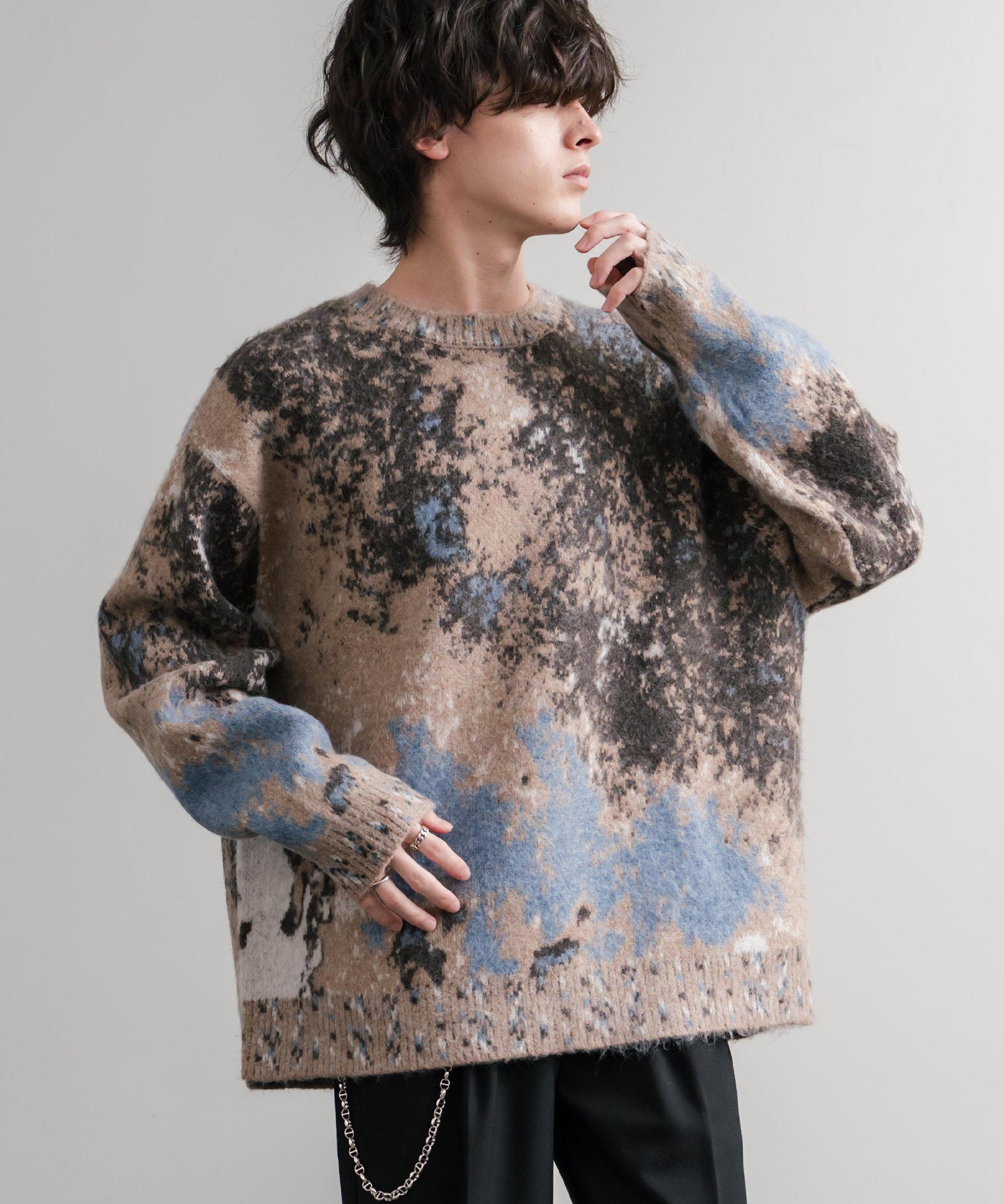 オーバーサイズ5Gジャガード編みアブストラクト柄クルーネックニットセーター 15193