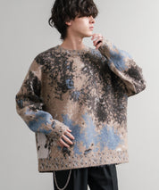 オーバーサイズ5Gジャガード編みアブストラクト柄クルーネックニットセーター 15193