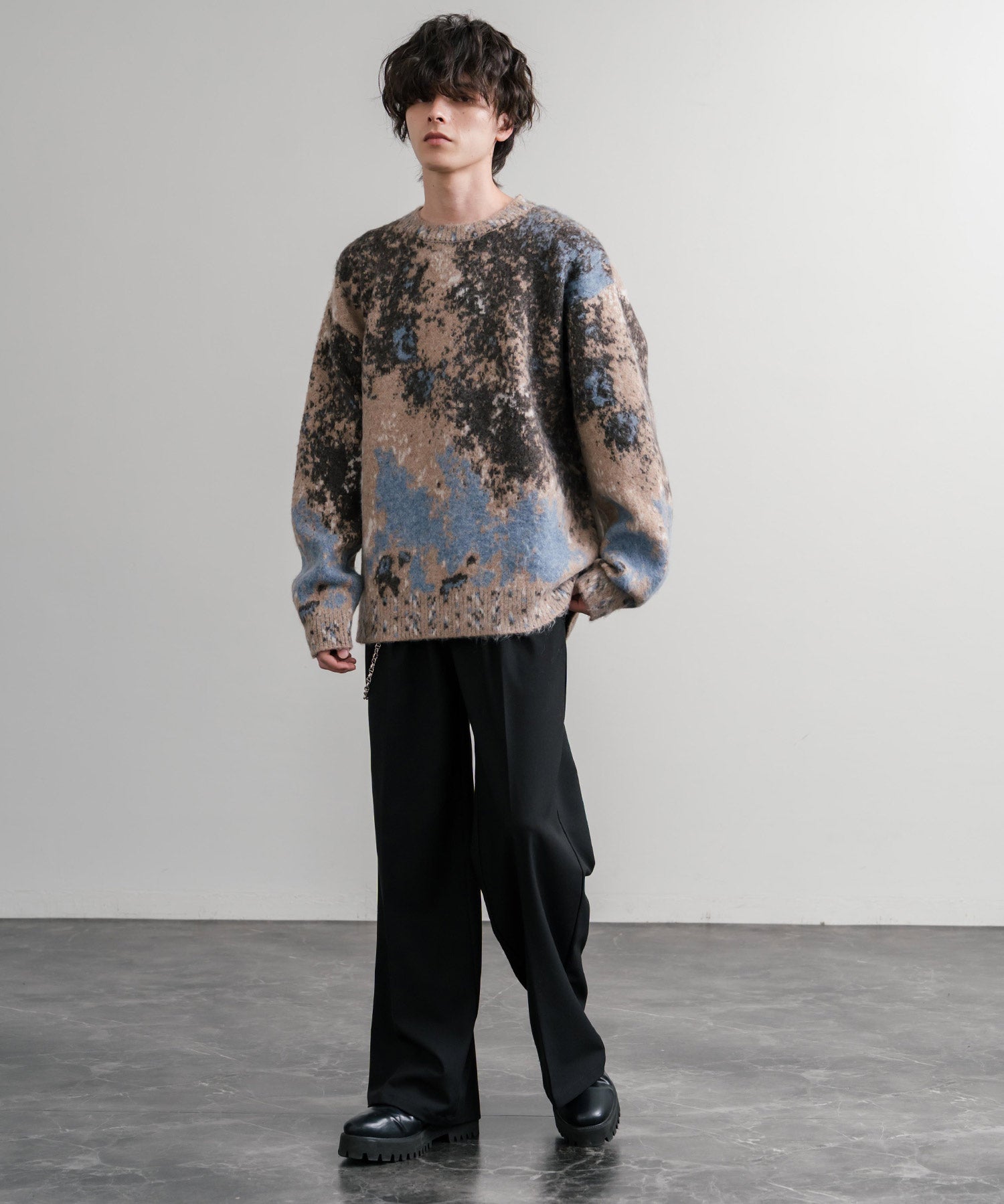 オーバーサイズ5Gジャガード編みアブストラクト柄クルーネックニットセーター 15193