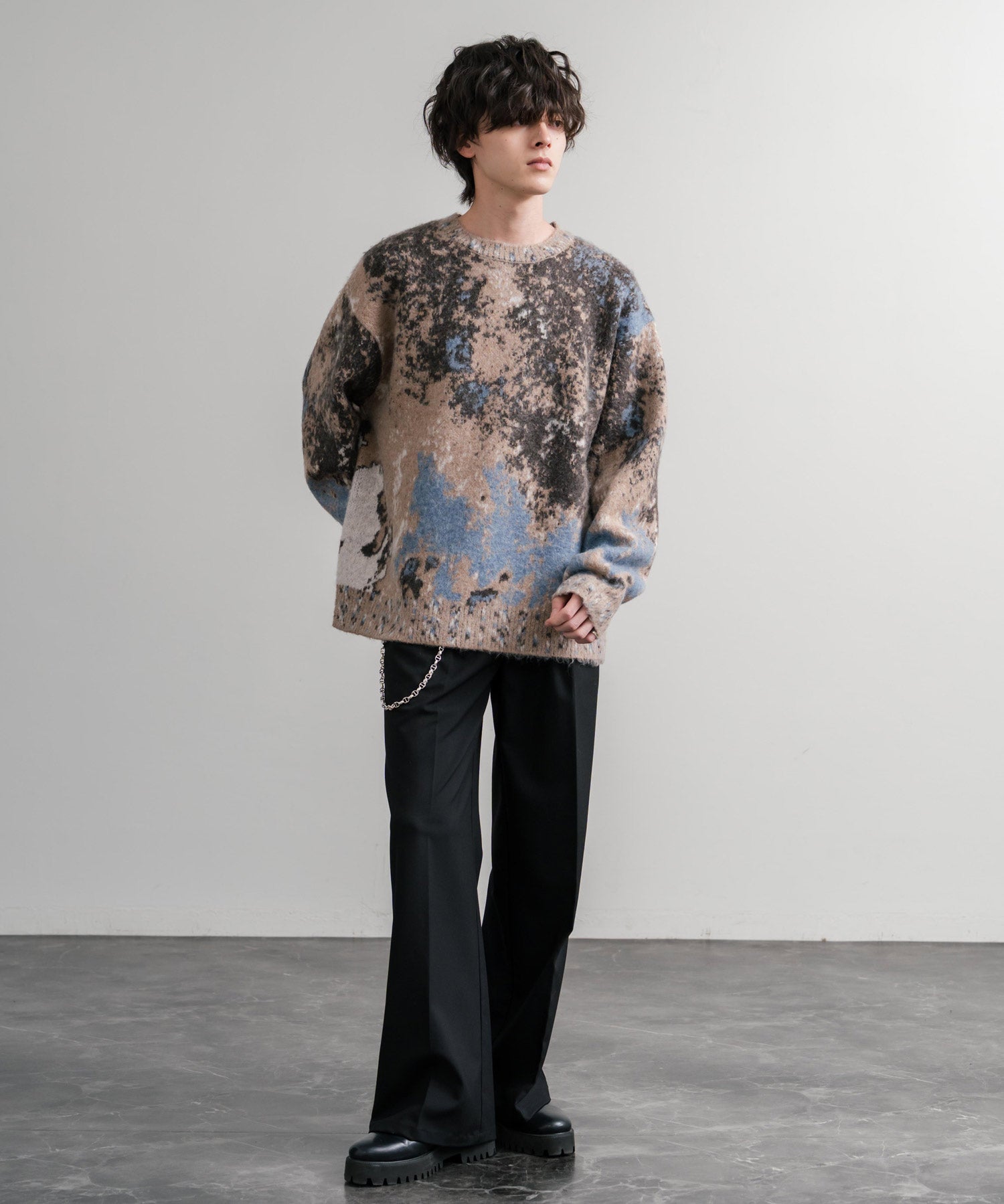 オーバーサイズ5Gジャガード編みアブストラクト柄クルーネックニットセーター 15193