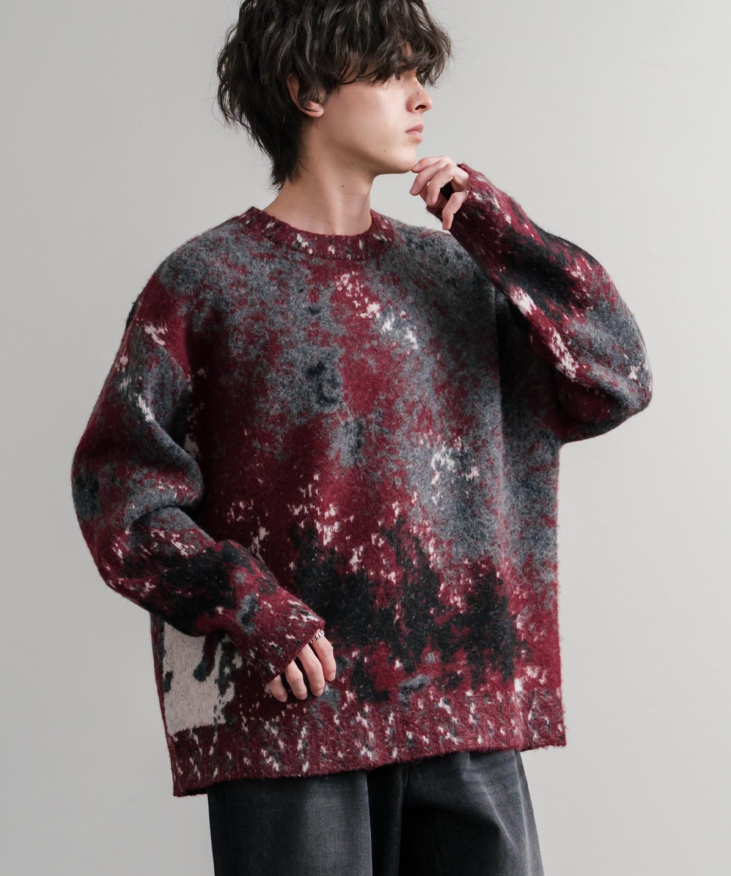 オーバーサイズ5Gジャガード編みアブストラクト柄クルーネックニットセーター 15193