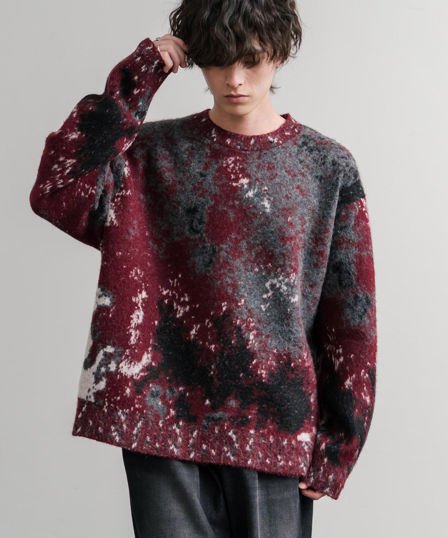 オーバーサイズ5Gジャガード編みアブストラクト柄クルーネックニットセーター 15193