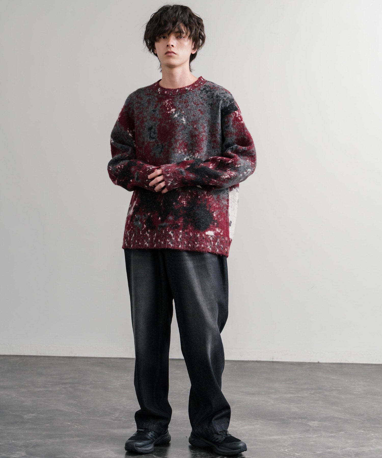 オーバーサイズ5Gジャガード編みアブストラクト柄クルーネックニットセーター 15193