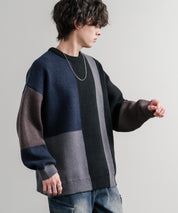 オーバーサイズブロッキング柄ジャガード編みクルーネックニットセーター 15194