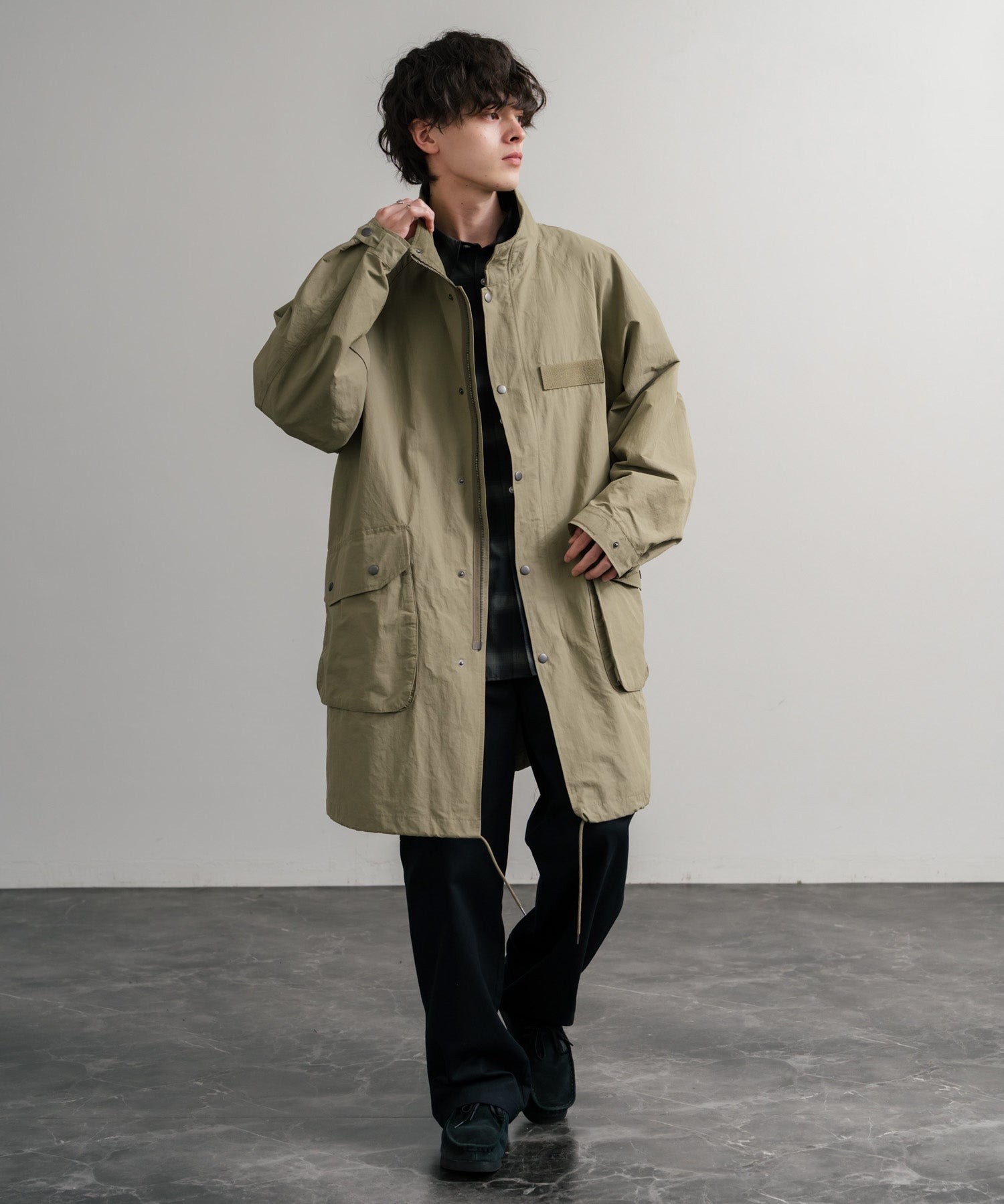 Audience オーディエンス 綿ナイロン高密度ポプリン M-90ロング丈スタンドネックモッズコート AUD7355 15252