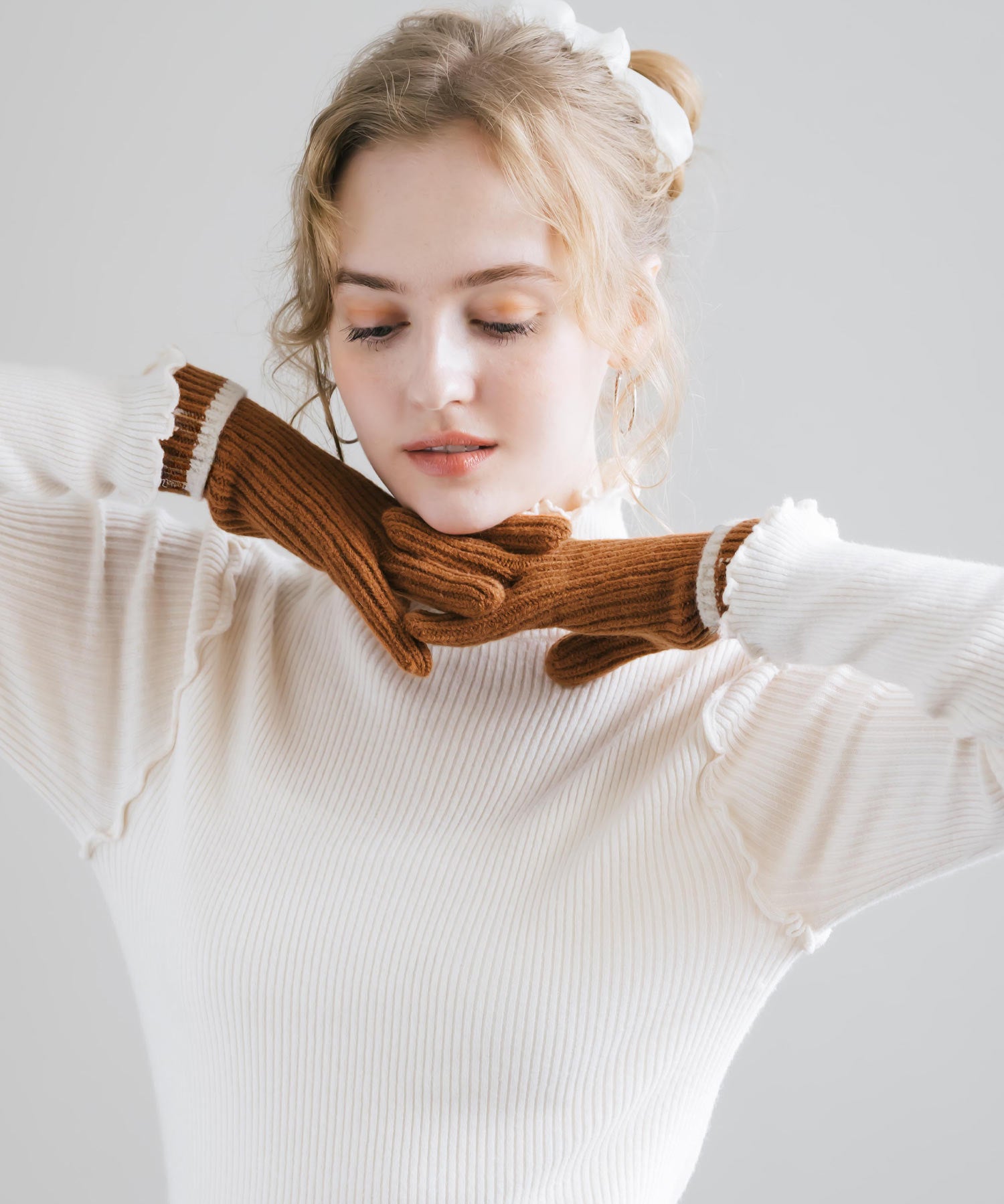 【スマホ/タッチパネル対応】ホールタッチリブニットライングローブ手袋 15255