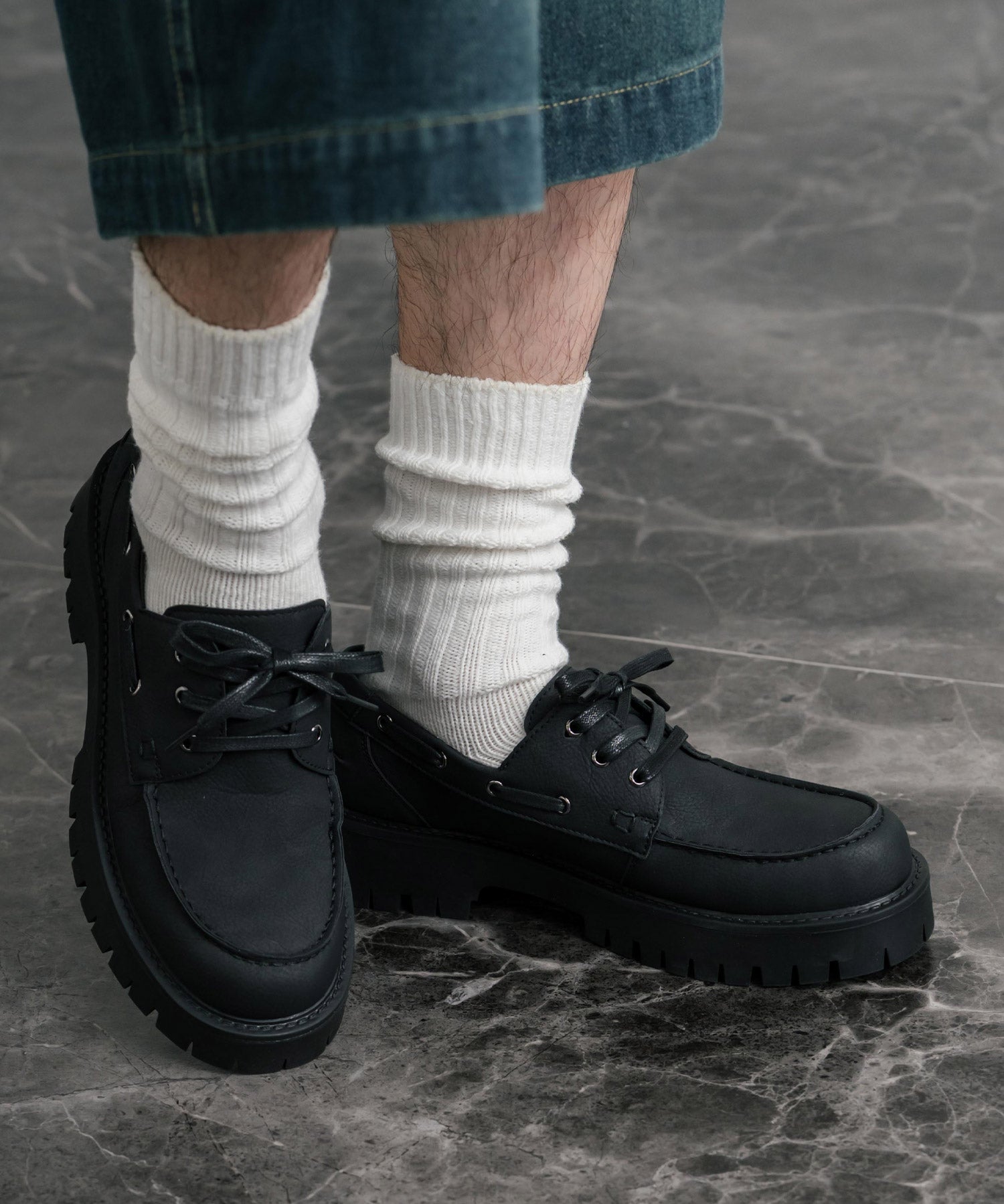 フェイクレザー厚底モカシンボートシューズ/デッキシューズ 15291