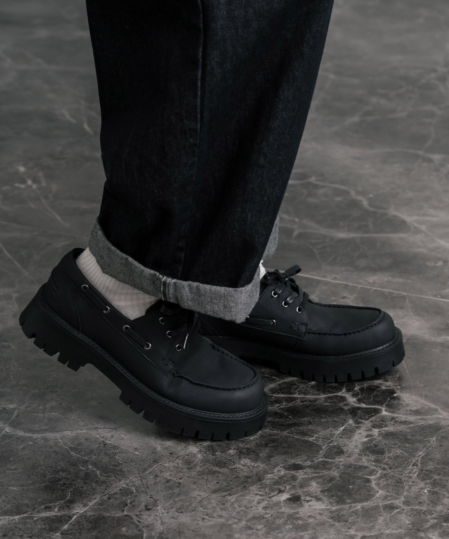 フェイクレザー厚底モカシンボートシューズ/デッキシューズ 15291