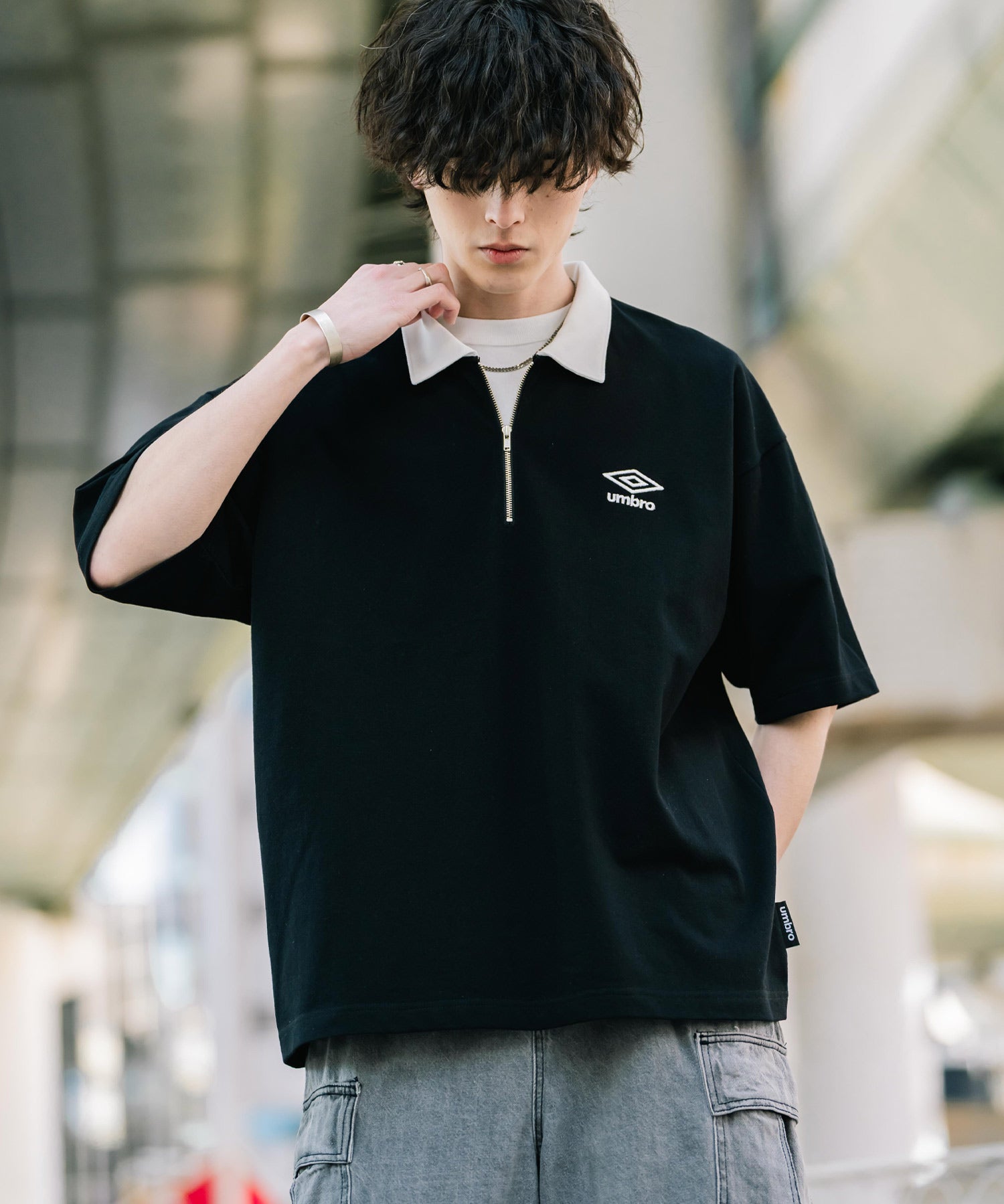UMBRO アンブロ 別注コラボ オーバーサイズ鹿の子ワンポイントロゴ刺繍ハーフジップ半袖ポロシャツ 15347