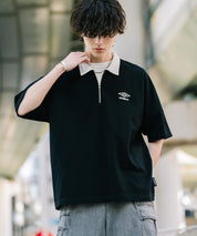 UMBRO アンブロ 別注コラボ オーバーサイズ鹿の子ワンポイントロゴ刺繍ハーフジップ半袖ポロシャツ 15347