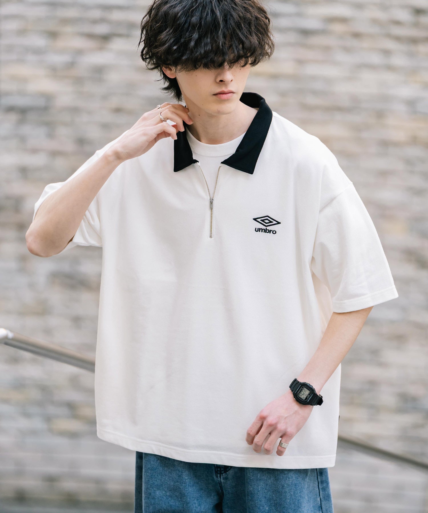 UMBRO アンブロ 別注コラボ オーバーサイズ鹿の子ワンポイントロゴ刺繍ハーフジップ半袖ポロシャツ 15347